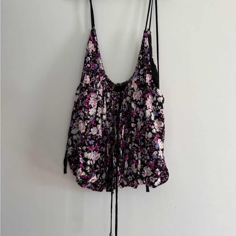 Free People Black and Pink Floral Crop Top